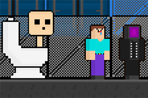 Hình ảnh pixel art với nhân vật đứng cạnh bồn cầu và một nhân vật khác mặc đồ đen, phía sau là hàng rào