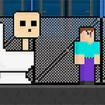 Hình ảnh pixel art với nhân vật đứng cạnh bồn cầu và một nhân vật khác mặc đồ đen, phía sau là hàng rào