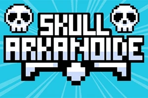 Hình ảnh nền màu xanh với dòng chữ SKULL ARKANOIDE màu trắng viền đen và hai đầu lâu trắng ở hai bên