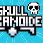 Hình ảnh nền màu xanh với dòng chữ SKULL ARKANOIDE màu trắng viền đen và hai đầu lâu trắng ở hai bên