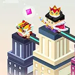 Các nhân vật hình khối đứng trên đỉnh các tòa nhà với đồ trang trí đầy màu sắc và đá quý lơ lửng xung quanh