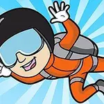 Nhân vật hoạt hình mặc đồ bảo hộ và mũ bảo hiểm, đang nhảy dù trên bầu trời xanh
