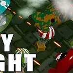 Máy bay đồ họa đơn giản trong không chiến với các viên đạn và khói, cùng chữ SKY FIGHT