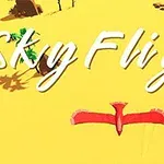 Hình ảnh có chữ Sky Flight trên nền sa mạc vàng với một con chim màu đỏ đang bay