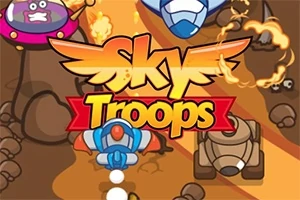 Nền hình với dòng chữ Sky Troops nổi bật, có các loại máy bay và xe tăng hoạt hình trên khung cảnh đầy lửa và đá