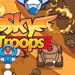 Nền hình với dòng chữ Sky Troops nổi bật, có các loại máy bay và xe tăng hoạt hình trên khung cảnh đầy lửa và đá