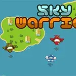 Hình ảnh có ba máy bay hoạt hình trên bầu trời xanh với đảo phía dưới và chữ Sky Warrior ở trên cùng