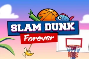 Hình ảnh có dòng chữ Slam Dunk Forever với quả bóng rổ, cây chuối, và rổ bóng trên nền trời xanh