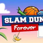 Hình ảnh có dòng chữ Slam Dunk Forever với quả bóng rổ, cây chuối, và rổ bóng trên nền trời xanh