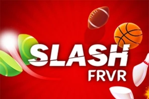Chữ SLASH FRVR trên nền đỏ với hình ảnh các quả bóng khác nhau và dụng cụ thể thao