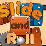Các chữ cái đầy màu sắc Slide and Roll trên nền các khối gỗ và kim loại với một quả bóng kim loại ở giữa