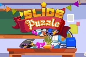 Bảng đen với trang trí cờ tam giác, dòng chữ Slide Puzzle, và bàn học có sách, quả địa cầu, và phụ kiện như kính mát và giày thể thao
