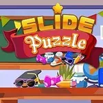 Bảng đen với trang trí cờ tam giác, dòng chữ Slide Puzzle, và bàn học có sách, quả địa cầu, và phụ kiện như kính mát và giày thể thao