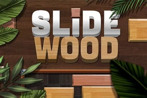 Chữ SLIDE WOOD nổi bật trên nền gỗ tối, xung quanh là lá cây xanh và các khối gỗ trượt