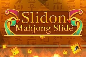 Văn bản Slidon Mahjong Slide trên nền màu cam với các biểu tượng Ai Cập cổ đại và khối màu vàng
