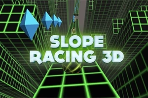 Chữ SLOPE RACING 3D nổi trên nền đồ họa lưới xanh 3D với các hình khối đa giác xanh