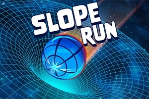 Một quả bóng màu xanh đang lăn xuống một mặt phẳng lưới hình xoắn óc với chữ Slope Run phía trên