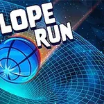 Một quả bóng màu xanh đang lăn xuống một mặt phẳng lưới hình xoắn óc với chữ Slope Run phía trên