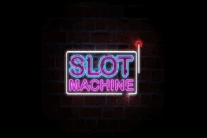 Biển hiệu neon với dòng chữ SLOT MACHINE trên nền tường gạch tối