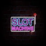Biển hiệu neon với dòng chữ SLOT MACHINE trên nền tường gạch tối