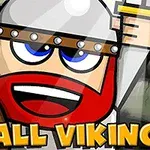 Một nhân vật Viking nhỏ, hoạt hình với râu đỏ, đội mũ bảo hiểm và cầm khiên, trên nền tường đá xám