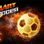 Hình ảnh một quả bóng đá phát sáng với hiệu ứng ngọn lửa và bóng người chơi bóng cùng chữ SMART Soccer