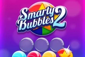 Logo Smarty Bubbles 2 với hình nền màu tím và bong bóng nhiều màu sắc phía dưới