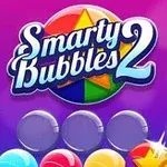 Logo Smarty Bubbles 2 với hình nền màu tím và bong bóng nhiều màu sắc phía dưới