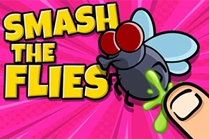 Những chữ lớn Smash the Flies trên nền hồng với hình ảnh một con ruồi lớn và ngón tay đang nhấn