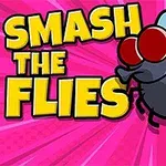 Những chữ lớn Smash the Flies trên nền hồng với hình ảnh một con ruồi lớn và ngón tay đang nhấn