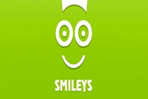 Biểu tượng mặt cười đơn giản màu trắng trên nền xanh lá với dòng chữ SMILEYS phía dưới