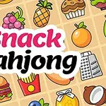Hình ảnh có các biểu tượng món ăn khác nhau như hamburger, hoa quả, và bánh, với chữ Snack Mahjong ở trung tâm