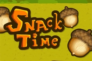 Chữ Snack Time nổi bật với màu cam và nâu, xung quanh là các quả sồi trên nền xanh lá cây