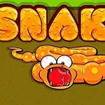 Hình ảnh một con rắn hoạt hình màu cam với chữ SNAKE lớn bên trên, mắt to và miệng mở rộng