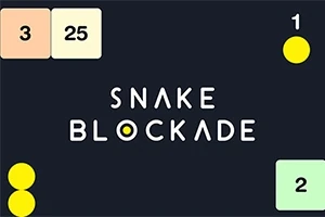 Hình ảnh có chữ SNAKE BLOCKADE ở giữa, với các ô vuông chứa số 3, 25, và 2, cùng các chấm tròn màu vàng nằm ở các góc