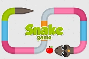 Một con rắn hoạt hình với thân màu sắc sặc sỡ bao quanh dòng chữ Snake game và một quả táo màu đỏ