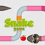 Một con rắn hoạt hình với thân màu sắc sặc sỡ bao quanh dòng chữ Snake game và một quả táo màu đỏ