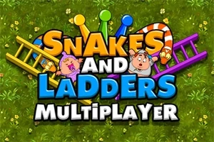 Hình ảnh có dòng chữ Snakes and Ladders Multiplayer với các nhân vật hoạt hình, cầu thang và rắn trên nền cỏ xanh