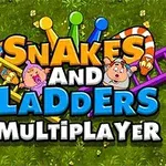 Hình ảnh có dòng chữ Snakes and Ladders Multiplayer với các nhân vật hoạt hình, cầu thang và rắn trên nền cỏ xanh