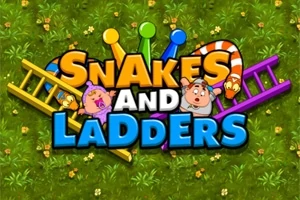 Logo với chữ lớn và màu sắc nổi bật Snakes and Ladders trên nền cỏ xanh, có hình bốn cái thang, một con rắn và hai nhân vật hoạt hình
