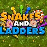 Logo với chữ lớn và màu sắc nổi bật Snakes and Ladders trên nền cỏ xanh, có hình bốn cái thang, một con rắn và hai nhân vật hoạt hình