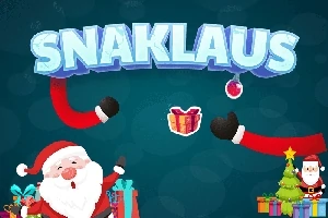 Ông già Noel cầm quà và đồ trang trí bên cạnh cây thông Noel, với chữ SNAKLAUS nổi bật phía trên