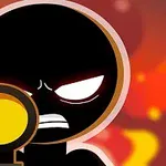 Nhân vật người que màu đen cầm súng với biểu cảm giận dữ trên nền lửa đỏ rực