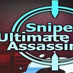 Hình ảnh có chữ Sniper Ultimate Assassin 2 với biểu tượng tâm ngắm màu xanh và nền tối