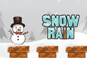 Người tuyết đội mũ nâu đứng trên nền tuyết với dòng chữ Snow Rain bên cạnh