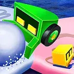 Xe đồ chơi màu xanh lục và các xe nhỏ màu vàng đang đẩy quả cầu tuyết trên mặt băng