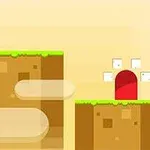 Một nhân vật mèo hoạt hình đứng trên nền đất với cửa màu đỏ phía trước