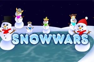 Hình ảnh các người tuyết có mũ trang trí đứng quanh chữ SNOWWARS trên nền băng giá