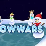 Hình ảnh các người tuyết có mũ trang trí đứng quanh chữ SNOWWARS trên nền băng giá