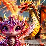 Một chú rồng con dễ thương và đầy màu sắc đứng cạnh quả trứng rồng sặc sỡ với một con rồng trưởng thành phun lửa ở phía sau